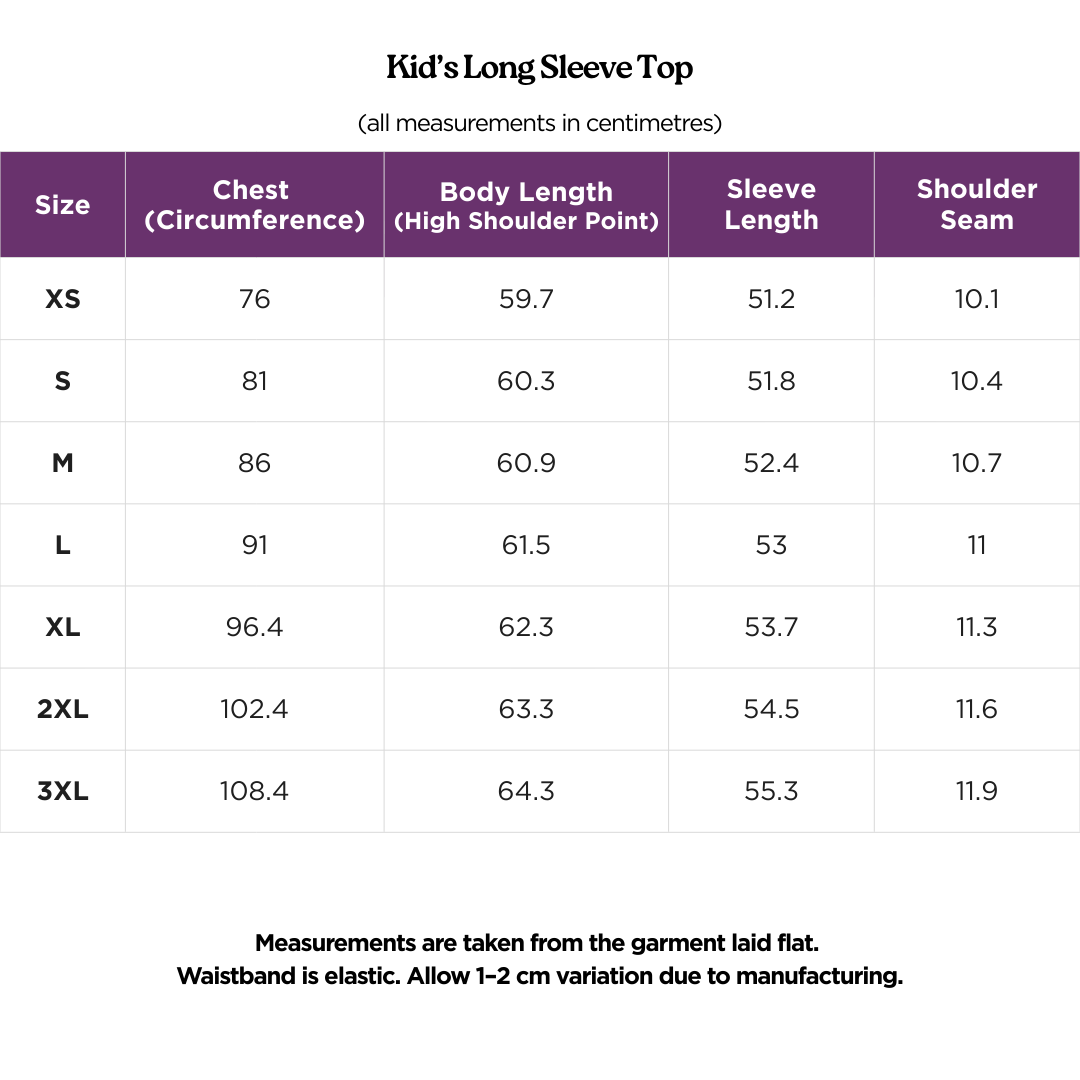 Kid's Long Sleeve Top Size Chart