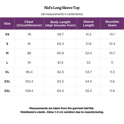 Kid's Long Sleeve Top Size Chart