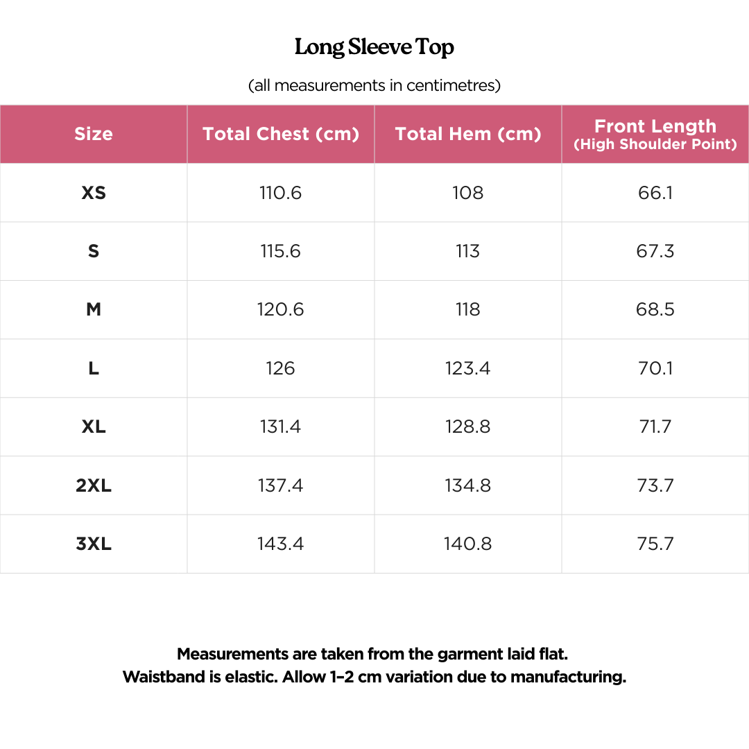 Long Sleeve Top Size Chart