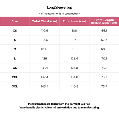Long Sleeve Top Size Chart